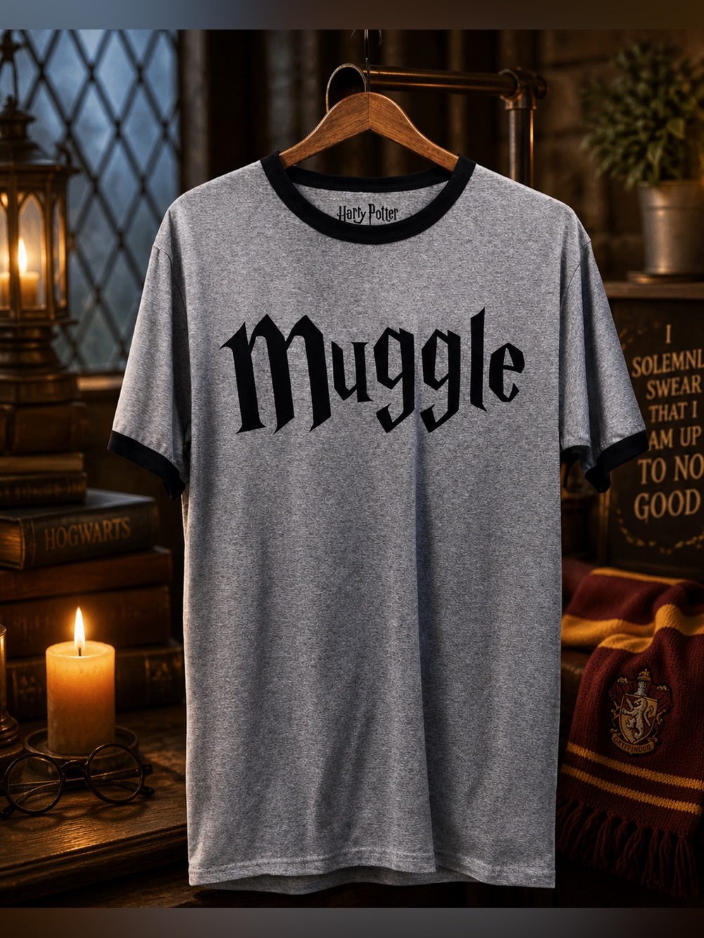 Harry Potter Grey 'Muggle' Ringer T-Shirt with Black Trim Size Small